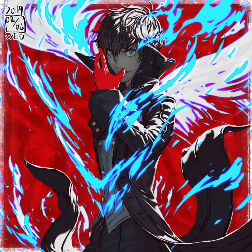 1boy amamiya_ren bangs black_coat black_hair coat fire gloves grey_eyes grey_vest grin hair_between_eyes highres ikeda_(cpt) long_sleeves male_focus open_clothes open_coat persona persona_5 red_background red_gloves smile vest