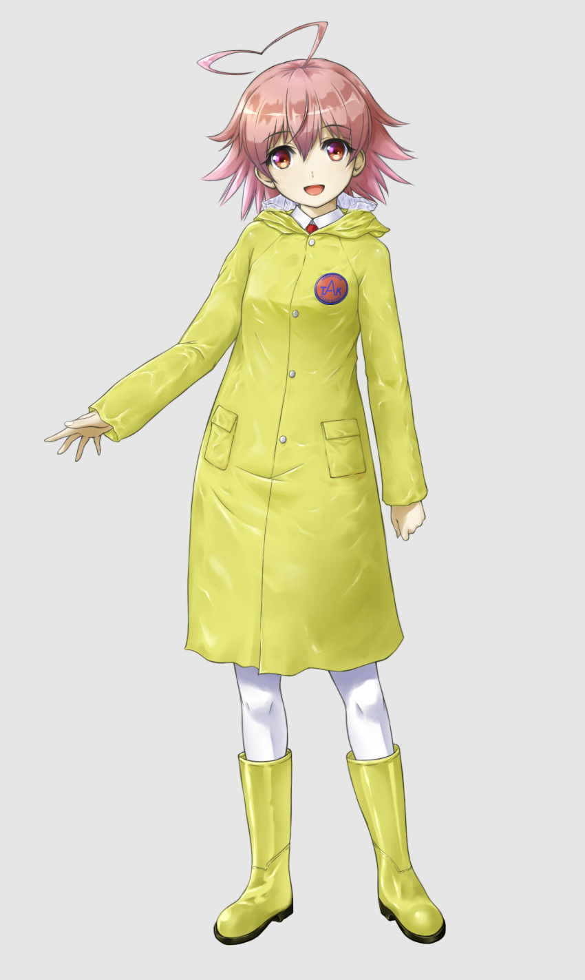 1girl absurdres ahoge aino_heart arcana_heart boots coat eyebrows_visible_through_hair hair_between_eyes highres knee_boots long_sleeves looking_at_viewer medium_hair memory_(prophet5) pink_eyes pink_hair raincoat rubber_boots smile solo white_background white_legwear yellow_coat yellow_footwear