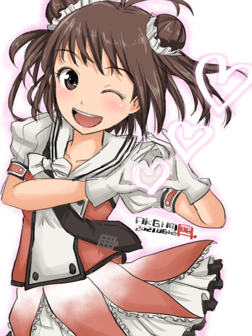 1girl antenna_hair black_neckwear brown_eyes brown_hair commentary_request cowboy_shot dated double_bun gloves hamu_agaki heart heart_hands highres kantai_collection looking_at_viewer naka_(kancolle) necktie pleated_skirt puffy_short_sleeves puffy_sleeves remodel_(kantai_collection) sailor_collar school_uniform serafuku short_sleeves simple_background skirt smile solo white_background white_gloves white_sailor_collar white_skirt