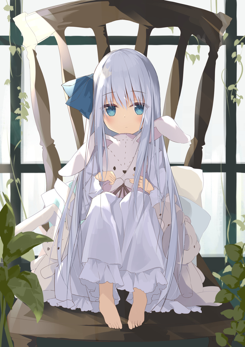1girl bangs barefoot blue_bow blue_eyes bow chair closed_mouth commentary_request dress eyebrows_visible_through_hair full_body hair_between_eyes hair_bow highres knees_up kushida_you long_hair long_sleeves looking_at_viewer on_chair original oversized_object pillow puffy_long_sleeves puffy_sleeves silver_hair sitting solo stuffed_animal stuffed_bunny stuffed_toy teddy_bear very_long_hair white_dress