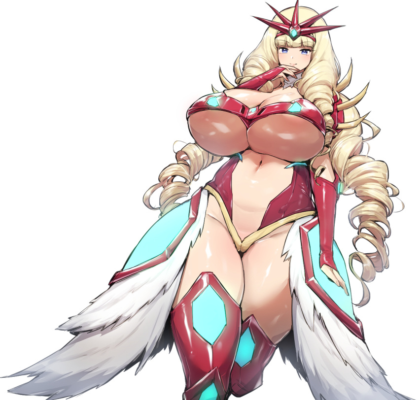 1girl bangs blonde_hair blue_eyes blunt_bangs breasts bridal_gauntlets character_request curvy drill_hair getter_robo getter_robo_(1st_series) huge_breasts long_hair navel robot_girls_z solo thick_thighs thighs thirty_8ght very_long_hair