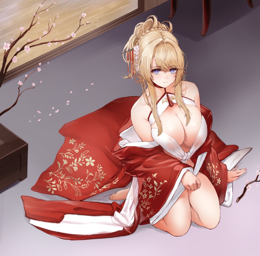 1girl absurdres azur_lane bare_shoulders blonde_hair braid breasts center_opening chinese_new_year choker cleavage_cutout clothing_cutout crown_braid dress floral_print flower from_above full_body glorious_(azur_lane) glorious_(pungent_plum)_(azur_lane) hair_ornament hair_stick highres hitsuji_(sheepsb22) indoors kanzashi large_breasts looking_at_viewer neckwear off-shoulder_kimono official_alternate_costume open_clothes open_dress petals pink_flower purple_eyes red_choker red_dress solo tied_hair wide_sleeves