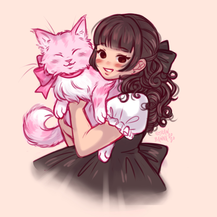 1girl animal bangs black_skirt blunt_bangs blush bow brown_eyes brown_hair cat closed_eyes curly_hair custard_(sbsc) doodle holding holding_animal holding_cat lolita_fashion long_hair original persian_(animal) pink_cat puffy_short_sleeves puffy_sleeves ribbon shirt short_sleeves simple_background sketch skirt smile strawbanna tabby_cat white_shirt