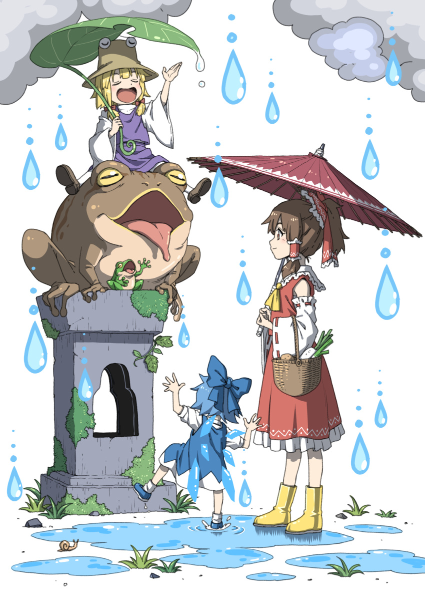 3girls animal ascot basket blonde_hair blue_bow blue_dress blue_footwear blue_hair boots bow brown_footwear brown_hair cirno closed_eyes cloud daikon detached_sleeves dress food frog giant_leaf grass hair_bow hair_ribbon hair_tubes hakurei_reimu hat highres holding holding_basket holding_leaf holding_umbrella ice ice_wings inuno_rakugaki leaf leaf_umbrella moriya_suwako moss multiple_girls music oil-paper_umbrella open_mouth oversized_animal ponytail puddle purple_skirt purple_vest rain red_bow red_shirt red_skirt red_umbrella ribbon rubber_boots shirt short_sleeves singing skirt skirt_set snail splashing tongue tongue_out touhou tress_ribbon umbrella vest water_drop wide_sleeves wings yellow_footwear yellow_neckwear