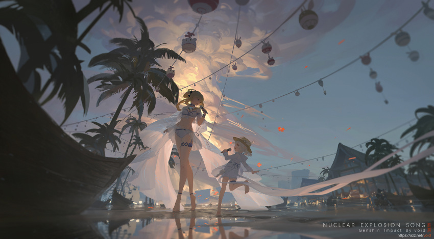 2girls alternate_costume anklet bangs barefoot beach bikini blonde_hair blue_bikini blue_eyes boat bow building choker cloud cloudy_sky clover_print coconut_tree commentary_request contemporary cowboy_hat dodoco_(genshin_impact) duet eyebrows_visible_through_hair full_body genshin_impact hair_bow hair_ribbon hat hat_feather hat_ornament highres holding jean_gunnhildr jewelry jumpy_dumpty klee_(genshin_impact) lampion light_brown_hair long_hair looking_at_another low_twintails microphone midriff multiple_girls music navel night night_sky orange_eyes palm_tree pointy_ears ponytail ribbon shade sidelocks singing size_difference sky standing standing_on_one_leg swimsuit tree twintails void_0 watercraft