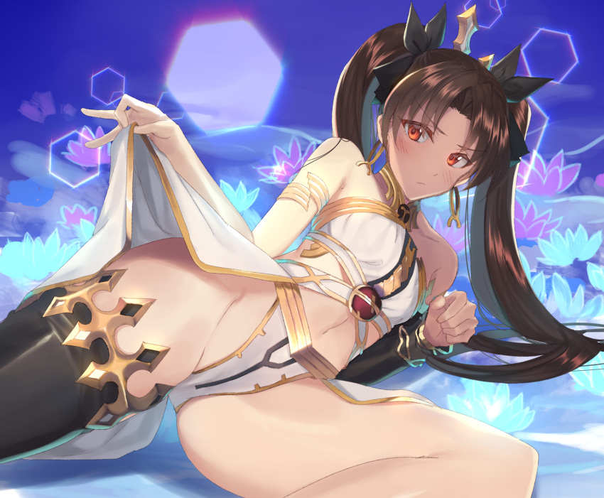 1girl armlet bangs bikini black_hair black_legwear blush bracelet breasts detached_sleeves earrings fate/grand_order fate_(series) gold_trim hair_ribbon highres hoop_earrings ishtar_(fate) ishtar_(fate)_(all) jewelry kabocha_(monkey4) long_hair looking_at_viewer lying medium_breasts navel neck_ring on_side parted_bangs red_eyes ribbon single_detached_sleeve single_thighhigh solo swimsuit thighhighs thighlet thighs tiara twintails two_side_up white_bikini