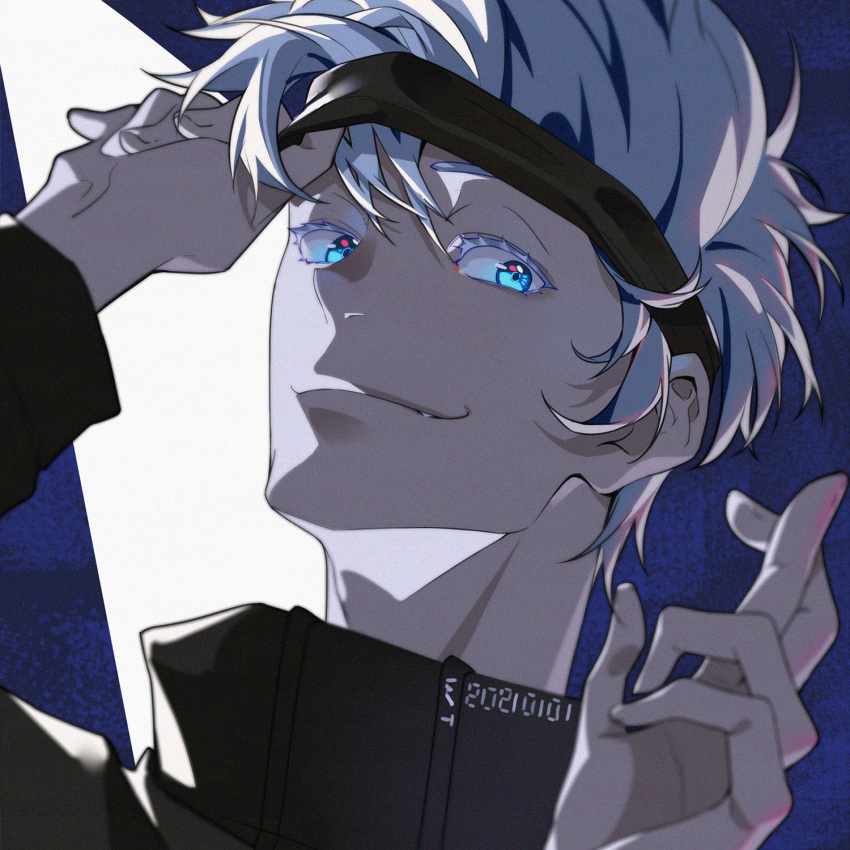 1boy bangs black_blindfold black_jacket blindfold blindfold_lift blue_background blue_eyes closed_mouth crossed_fingers dated gojou_satoru hair_between_eyes hands_up high_collar highres jacket jujutsu_kaisen long_sleeves looking_at_viewer male_focus portrait short_hair smile solo two-tone_background white_background white_hair xiao_du