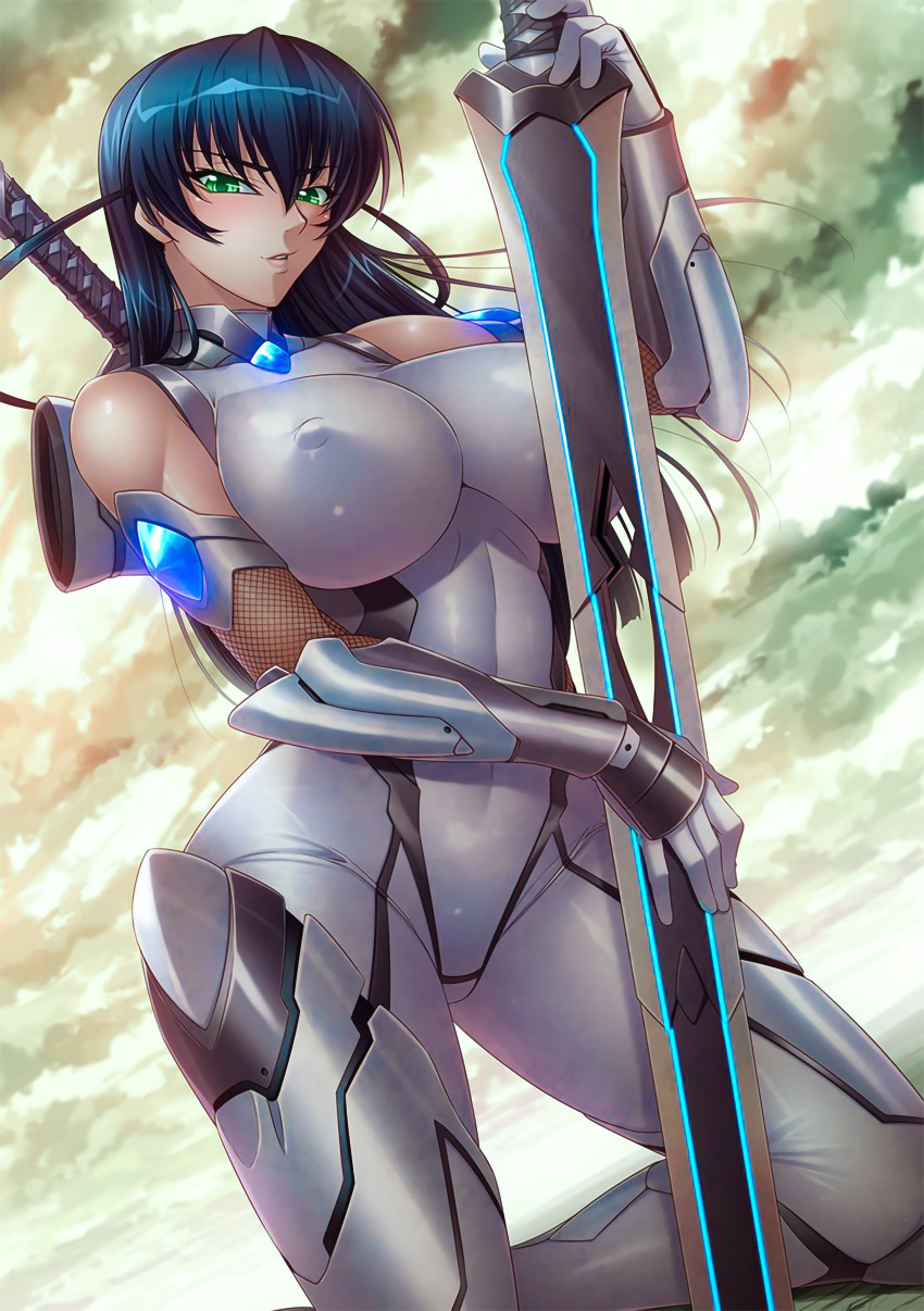 1girl absurdres alternate_costume bangs bare_shoulders blue_hair blush bodysuit breasts cleavage cloud cloudy_sky covered_navel covered_nipples fishnets green_eyes highres igawa_asagi kagami_hirotaka kneeling large_breasts long_hair looking_at_viewer navel ninja nipples official_art puffy_nipples skin_tight sky smile solo sword taimanin_(series) taimanin_asagi taimanin_asagi_3 taimanin_suit vambraces weapon white_bodysuit