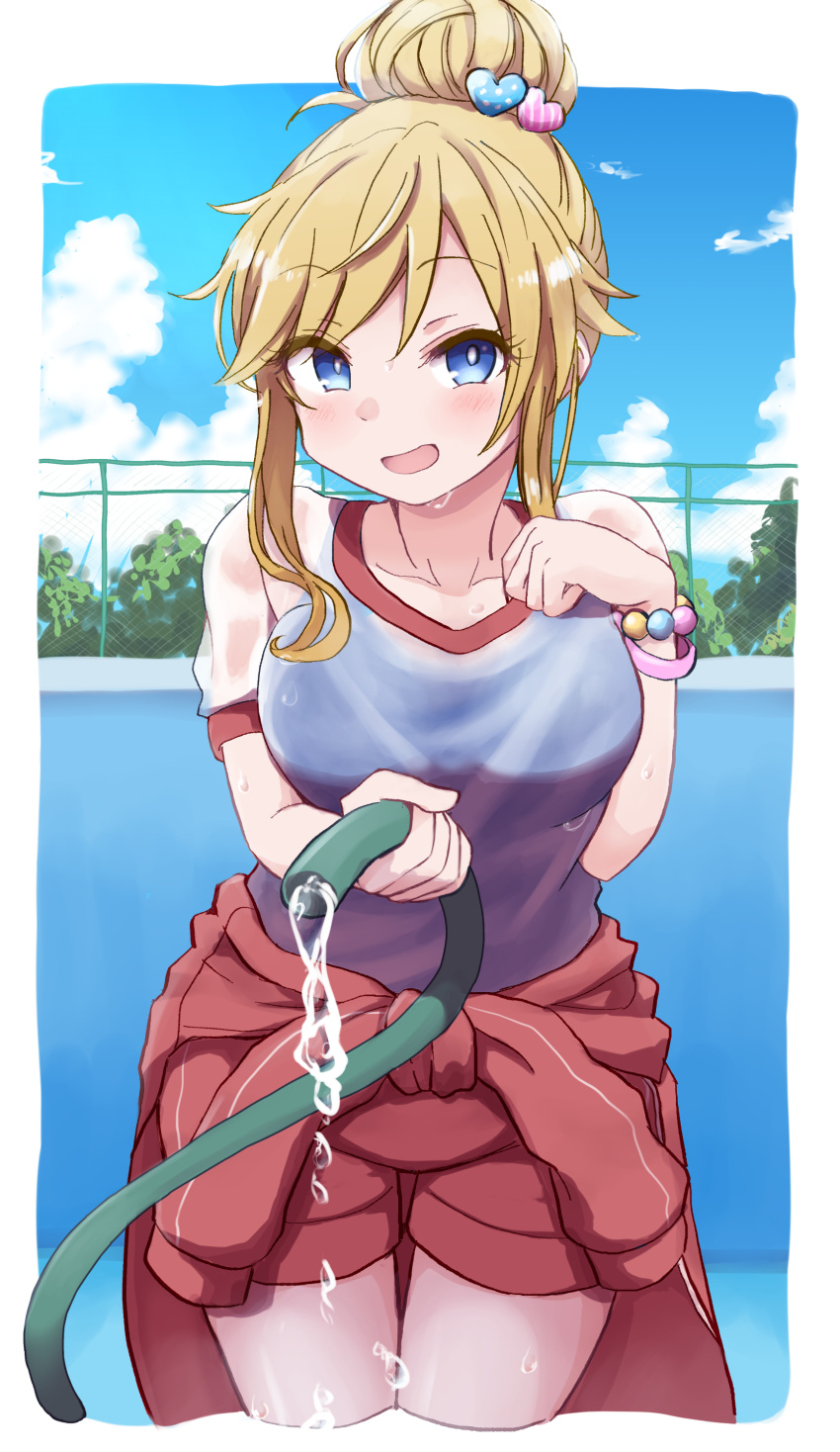1girl :d absurdres bangs blonde_hair blue_eyes blue_sky blush bracelet breasts clothes_around_waist collarbone commentary_request cowboy_shot cropped_legs day eyebrows_visible_through_hair foreshortening hair_bun hair_ornament hand_up heart heart_hair_ornament highres hose idolmaster idolmaster_cinderella_girls jewelry kotaro large_breasts looking_at_viewer medium_hair ohtsuki_yui open_mouth outdoors pants shirt sidelocks sky smile solo sweater sweater_around_waist swimsuit swimsuit_under_clothes water wet wet_clothes wet_shirt
