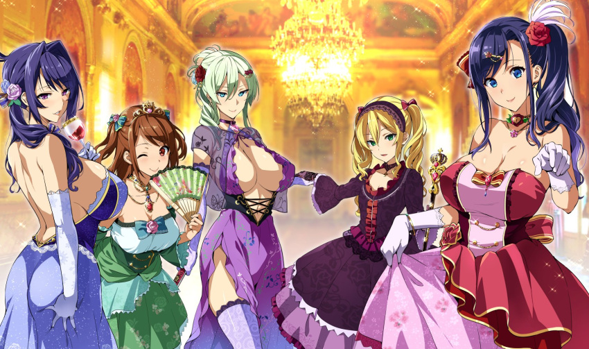 5girls alcohol amaya_haruko ass_grab backless_dress backless_outfit bangs bare_shoulders blonde_hair blue_dress blue_eyes bow breasts brown_eyes brown_hair center_opening chandelier character_request check_character choker cleavage cleavage_cutout closed_mouth clothes_lift clothing_cutout cocktail_dress commentary_request cup dress drill_hair drinking_glass elbow_gloves evening_gown fan flower folding_fan gloves green_dress green_eyes green_hair hair_between_eyes hair_bow hair_flower hair_ornament hair_over_shoulder hairband highres himegami_kodama himegami_yatsuno holding holding_fan holding_hands indoors jewelry kushiya_inaho large_breasts looking_back maken-ki! multiple_girls necklace nijou_aki one_eye_closed purple_dress purple_eyes purple_hair purple_legwear red_dress scepter side_ponytail side_slit sideboob sidelocks skirt skirt_lift smile strapless strapless_dress takeda_hiromitsu thighhighs tiara twin_drills two_side_up white_gloves wine_glass