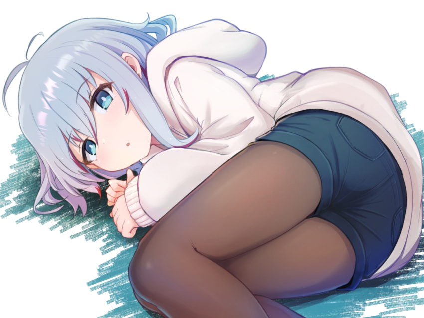 1girl antenna_hair ass bangs blue_eyes blue_shorts blush bms brown_legwear commentary_request eyebrows_visible_through_hair feet_out_of_frame grey_hair hair_between_eyes hands_up hard hood hood_down hoodie legwear_under_shorts long_sleeves lying multicolored_hair on_side original pantyhose parted_lips puffy_long_sleeves puffy_sleeves red_hair short_shorts shorts sleeves_past_wrists solo streaked_hair white_background white_hoodie