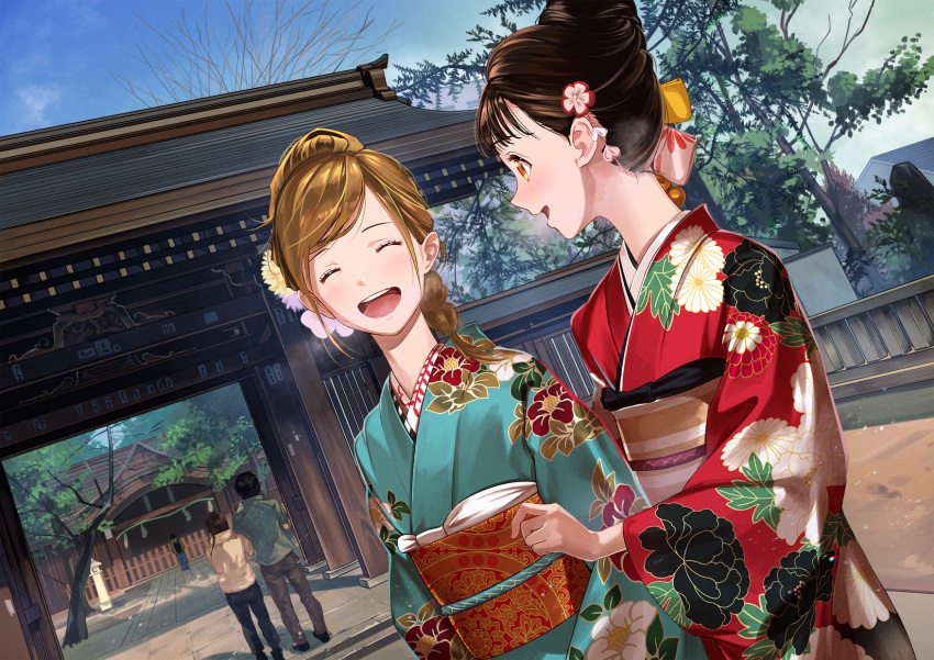 2girls :d aqua_kimono blush bow brown_hair da eyelashes floral_print flower furisode hair_bow hair_bun hair_flower hair_ornament highres japanese_clothes kainownill kanzashi kimono looking_at_another multiple_girls obi obiage obijime open_mouth original outdoors print_kimono red_kimono sash shrine smile wide_sleeves