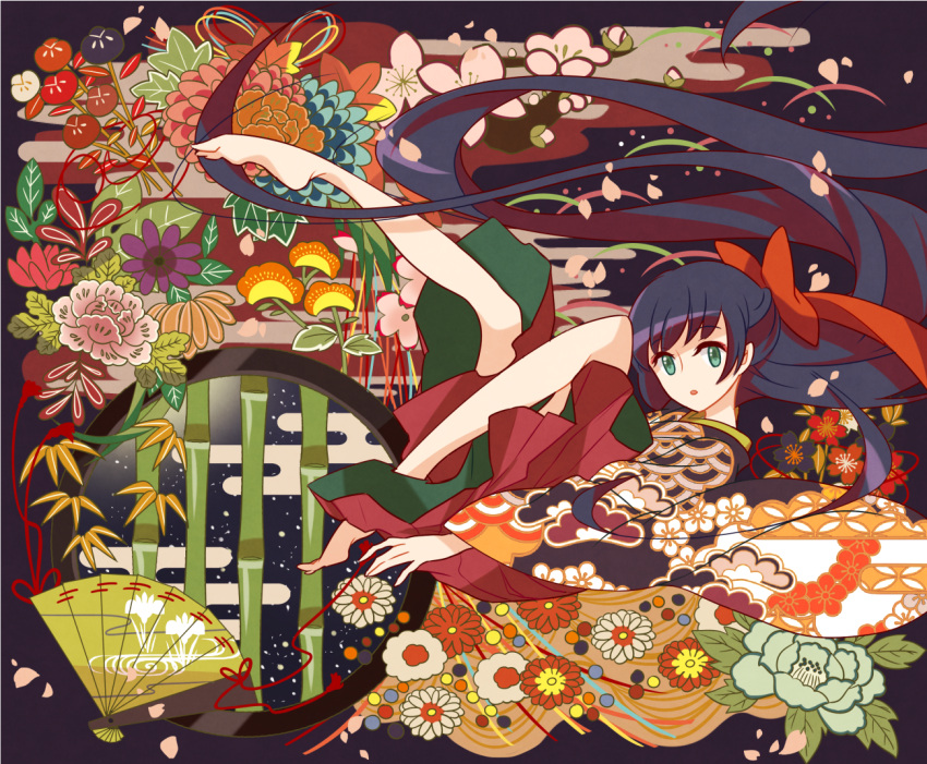 1girl absurdly_long_hair aqua_eyes bamboo bare_legs barefoot black_background black_hair cloud commentary_request eyebrows_visible_through_hair falling_petals fan flower folding_fan from_side full_body hair_ribbon hari611 japanese_clothes kimono leaf leg_up long_hair looking_at_viewer looking_to_the_side lying on_back open_mouth orange_flower original petals pleated_skirt print_kimono purple_flower red_flower red_ribbon red_skirt ribbon skirt solo string very_long_hair white_flower
