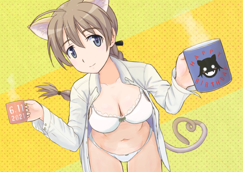 1girl animal_ears blue_eyes blush bra braid breasts brown_hair cat_ears cat_tail coffee_mug cup dated happy_birthday highres keicha_(kmoekaki) large_breasts long_hair lynette_bishop mug navel panties shiny shiny_hair silhouette_demon single_braid smile solo standing strike_witches tail underwear white_bra white_panties world_witches_series