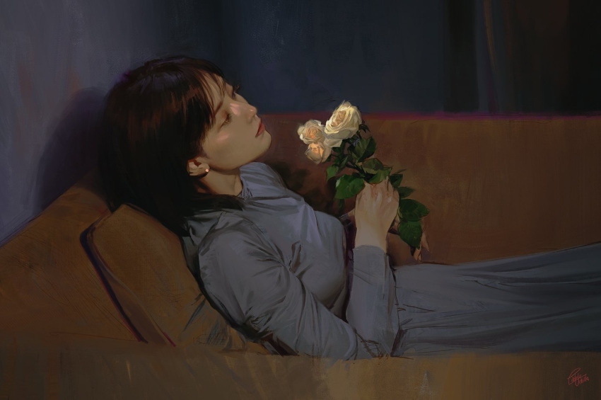 1girl artist_name asian bangs blue_dress breasts couch dress earrings flower from_side holding holding_flower jewelry looking_up lying on_back on_couch pablo_uchida real_life realistic rose short_hair signature small_breasts solo white_flower white_rose