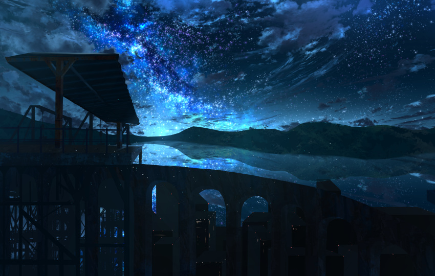 abisswalker8 absurdres arch blue_sky bridge canopy_(shelter) city cloud commentary fence highres huge_filesize mountain mountainous_horizon night night_sky no_humans original outdoors reflection rust scenery sky star_(sky) starry_sky station viaduct water