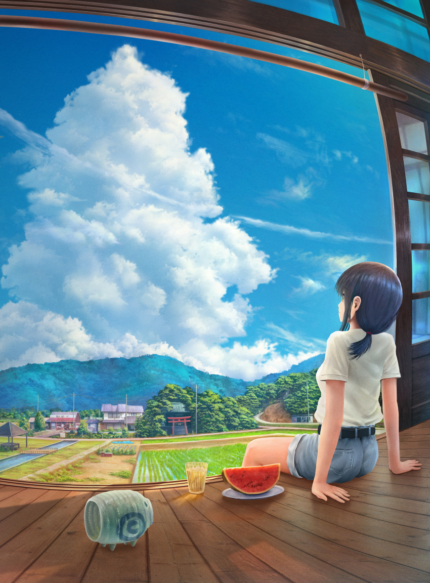 1girl absurdres arm_support black_hair blue_sky bridge bus_stop canal cloud commentary_request condensation_trail cumulonimbus_cloud day denim denim_shorts field forest glass highres house huge_filesize landscape mountain nature original plate ponytail power_lines rice_paddy road rural scenery shirt shop short_sleeves shorts sidelocks sitting sky tamikko tied_hair torii utility_pole veranda watermelon_slice white_shirt wooden_floor