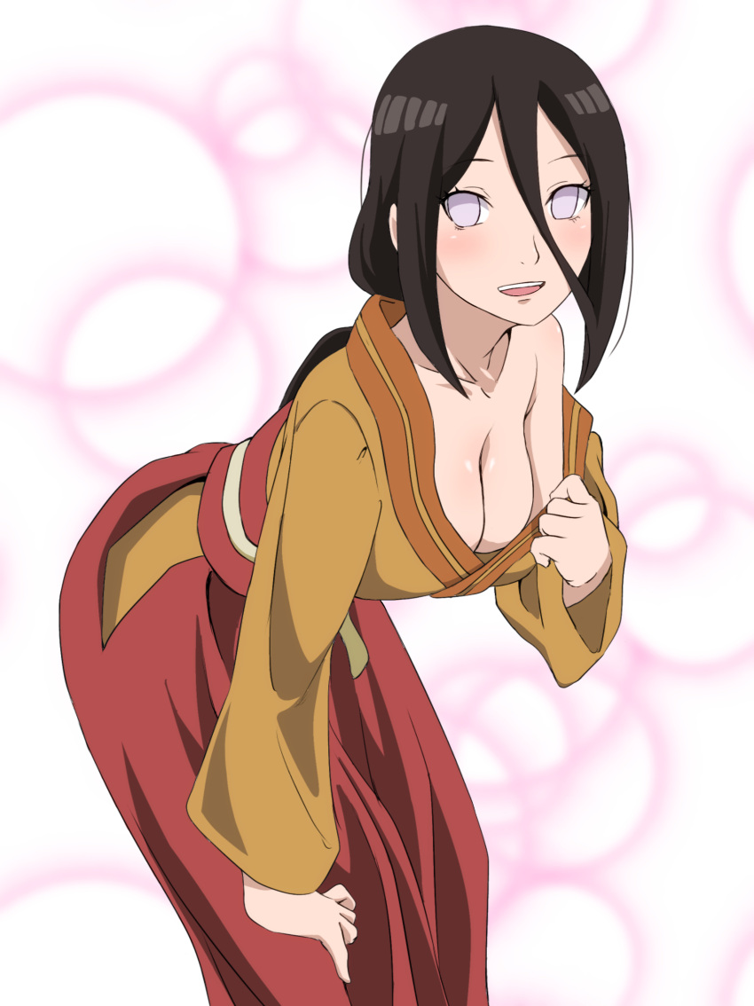 1girl absurdres black_hair blush boruto:_naruto_next_generations breasts cleavage hakama_pants hand_on_own_knee highres hugimosi hyuuga_hanabi leaning_forward long_hair looking_at_viewer medium_breasts naruto_(series) no_pupils off_shoulder purple_eyes self_exposure smile solo wide_sleeves