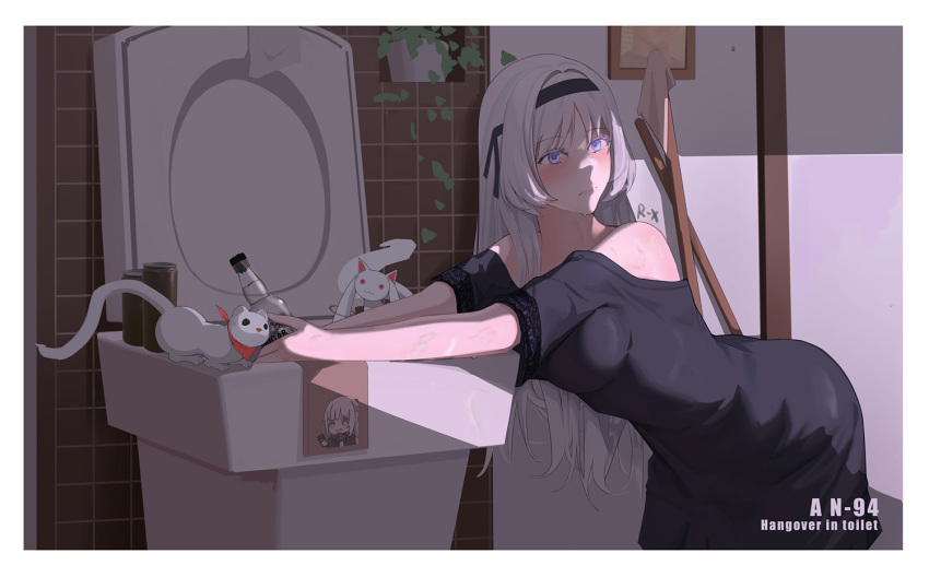 1girl alcohol an-94_(girls'_frontline) animal artist_name black_dress blush bottle breasts can character_name closed_mouth commentary_request dress english_text eyebrows_visible_through_hair ferret girls'_frontline hairband hangover holding holding_bottle kyubey long_hair looking_away mahou_shoujo_madoka_magica medium_breasts purple_eyes regenerate-x restroom silver_hair solo sweat toilet toilet_paper