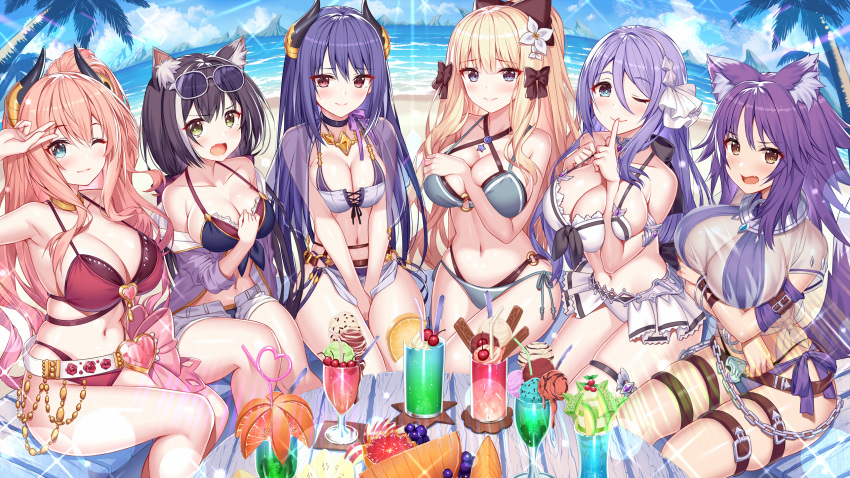 aki_makoto akusema animal_ears aqua_eyes beach bikini black_hair blonde_hair blue_eyes blush breast_hold breasts catgirl cleavage drink fang food fruit garter green_eyes group horns hoshino_shizuru karyl long_hair minami_suzuna navel princess_connect! purple_hair sasaki_saren shijou_rei sky swimsuit water wink wolfgirl