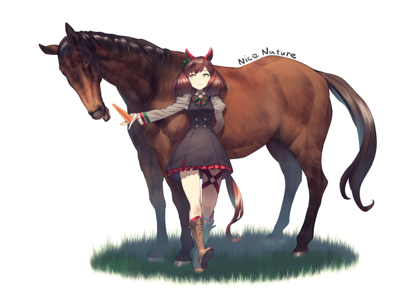 1girl animal_ears boots brown_hair carrot character_name dress highres horse horse_ears horse_tail nice_nature_(umamusume) shimotsuki_eight smile tail twintails umamusume white_background