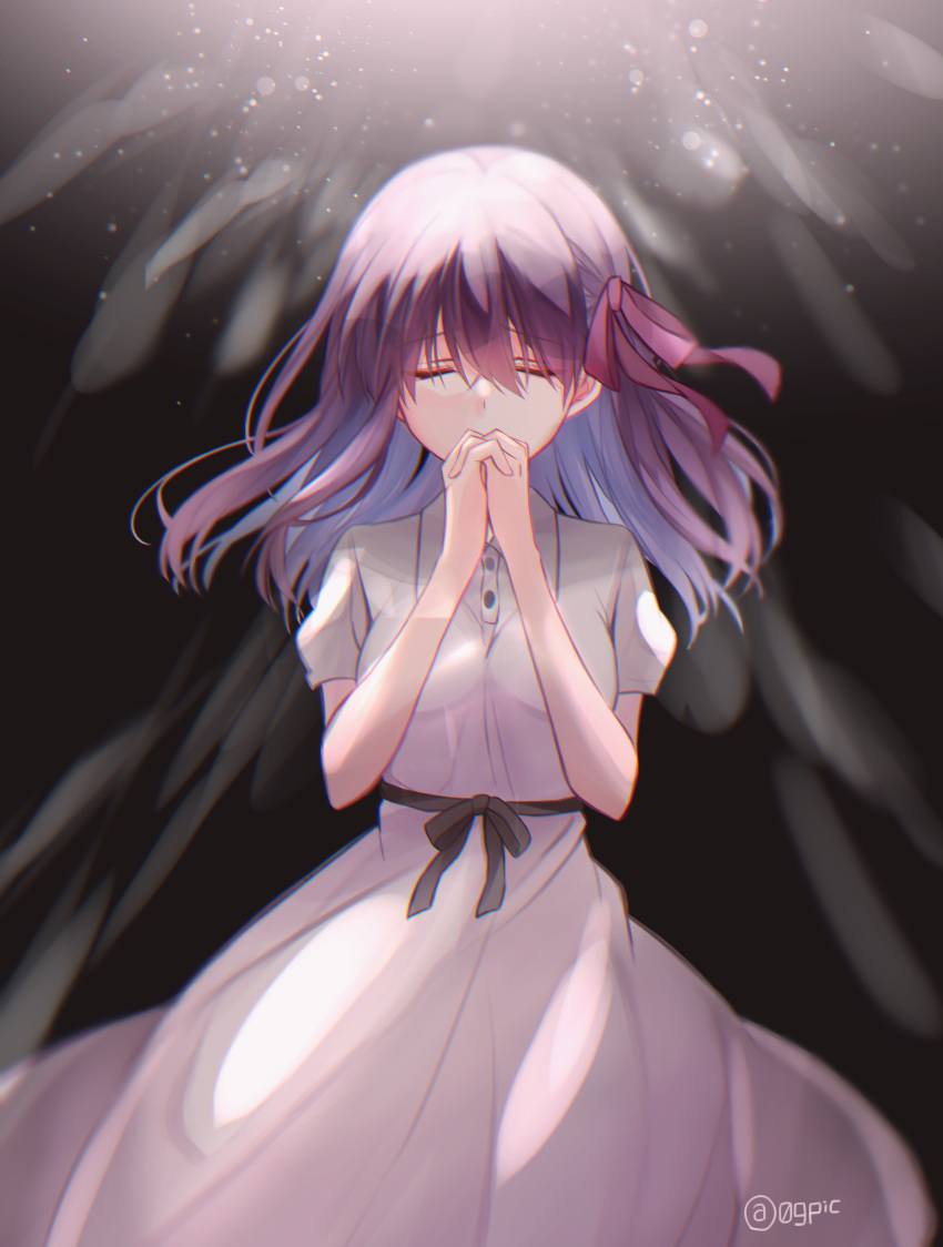 1girl absurdres breasts canary999 closed_eyes covered_mouth dress facing_viewer fate/stay_night fate_(series) hair_ribbon hands_up highres interlocked_fingers matou_sakura medium_breasts medium_hair puffy_short_sleeves puffy_sleeves purple_hair red_ribbon ribbon short_sleeves solo upper_body white_dress