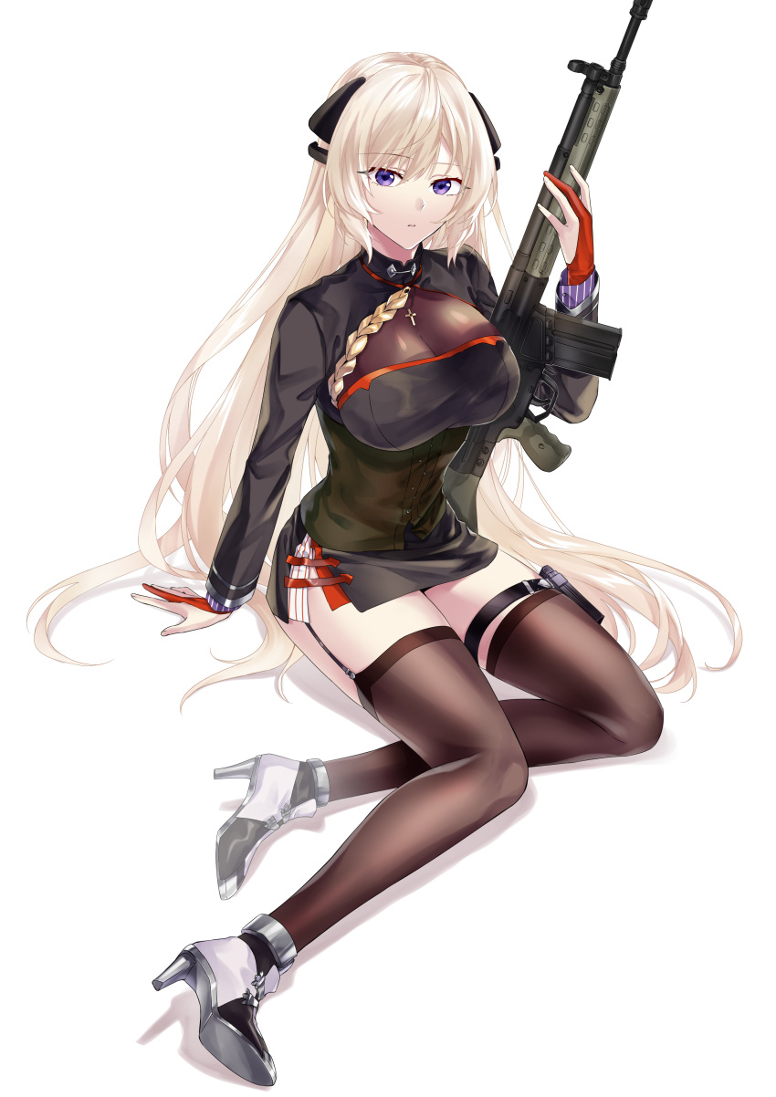 1girl absurdres bangs battle_rifle black_corset black_legwear blonde_hair breasts cleavage closed_mouth corset cross cross_necklace crossed_legs eyebrows_visible_through_hair g3_(girls'_frontline) garter_straps girls'_frontline gun h&amp;k_g3 hand_on_floor high_heels highres holding holding_weapon jewelry long_hair looking_at_viewer medium_breasts mod3_(girls'_frontline) necklace purple_eyes rifle sitting_on_floor solo suprii thighhighs weapon white_background