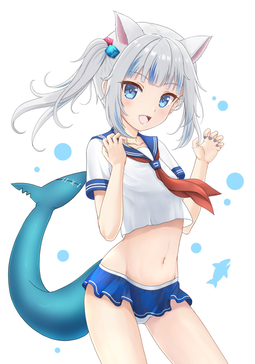 1girl :d animal_ears bikini_skirt blue_eyes cat_ears commentary_request crop_top crop_top_overhang extra_ears fish_tail flipper gawr_gura hands_up highres hololive hololive_english long_hair looking_at_viewer midriff multicolored_hair navel neckerchief open_mouth sailor_collar sailor_shirt shark_tail sharp_teeth shirt short_sleeves sidelocks silver_hair simple_background smile solo stomach streaked_hair tail teeth thighs twintails virtual_youtuber white_background white_shirt