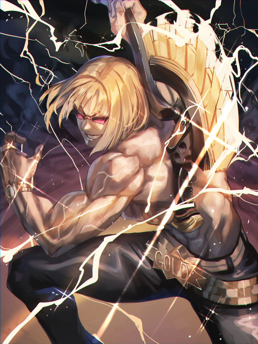 1boy absurdres axe belt belt_buckle biceps black_background black_pants blonde_hair brown_background buckle commentary fate/grand_order fate_(series) feet_out_of_frame gold_belt gradient gradient_background grin highres holding holding_axe holding_weapon lightning looking_at_viewer makitoshi0316 male_focus muscular muscular_male over_shoulder pants sakata_kintoki_(fate) shirtless short_hair smile solo sunglasses tight tight_pants veins watch weapon weapon_over_shoulder wristwatch