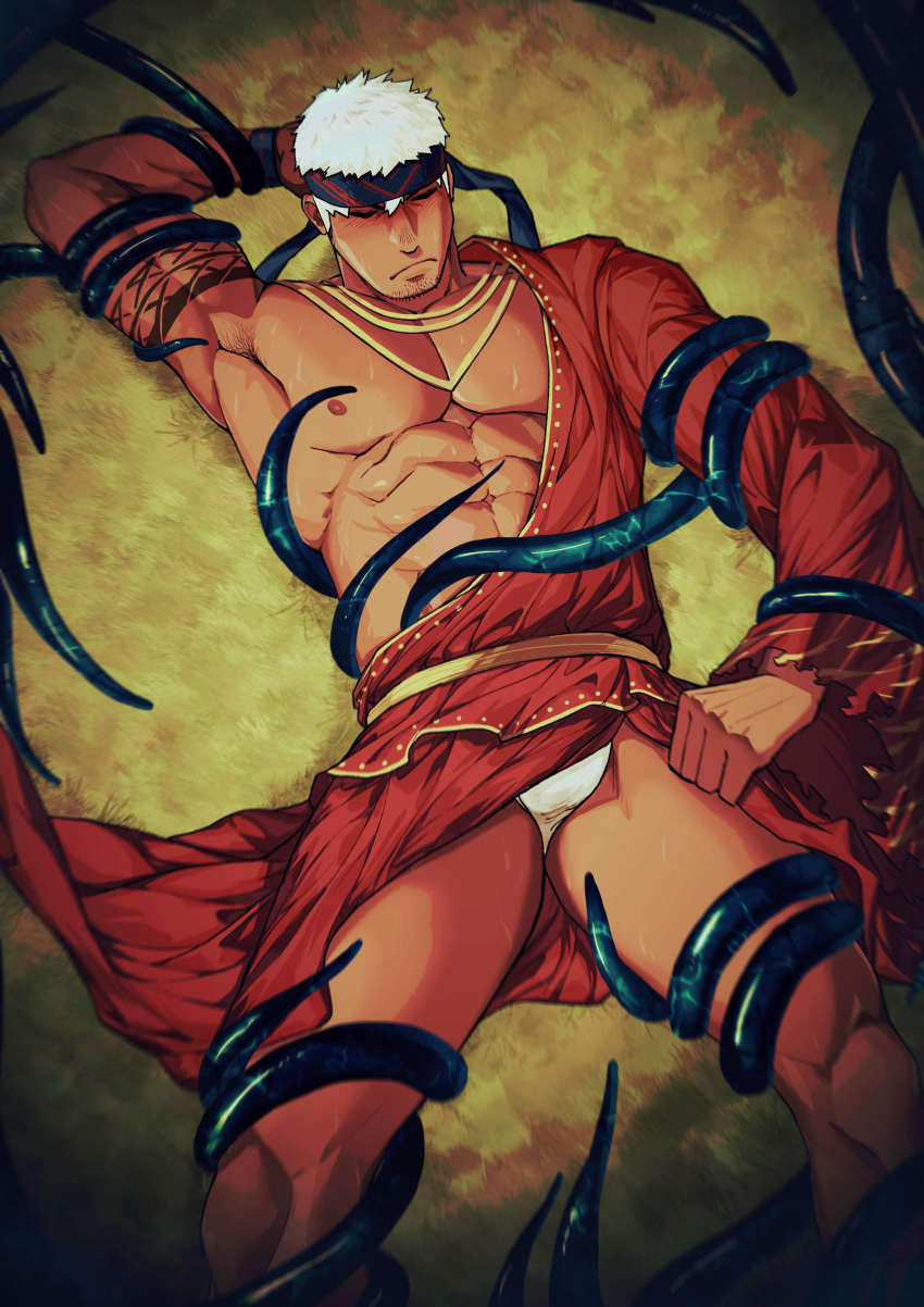 1boy abs absurdres bara bare_pectorals blush bound bound_arms bound_legs briefs bulge dark-skinned_male dark_skin facial_hair feet_out_of_frame hadanugi_dousa haystack headband highres japanese_clothes kimono large_pectorals lying male_focus male_underwear mature_male monk muscular muscular_male nipples on_back open_clothes open_kimono original pectorals red_kimono short_hair sideburns solo stomach stubble sweat tentacles tentacles_on_male thick_thighs thighs underwear white_hair white_male_underwear zhuganchangjiadan