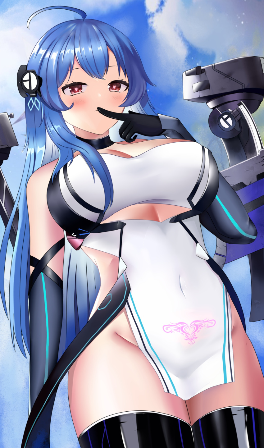 1girl absurdres azur_lane blue_hair blush breasts cleavage covered_navel finger_to_mouth from_below gloves heart heart-shaped_pupils helena_(azur_lane) helena_(meta)_(azur_lane) highres large_breasts light_blush long_hair looking_at_viewer looking_down no_panties pelvic_curtain pubic_tattoo sky solo symbol-shaped_pupils tattoo thighs zdj
