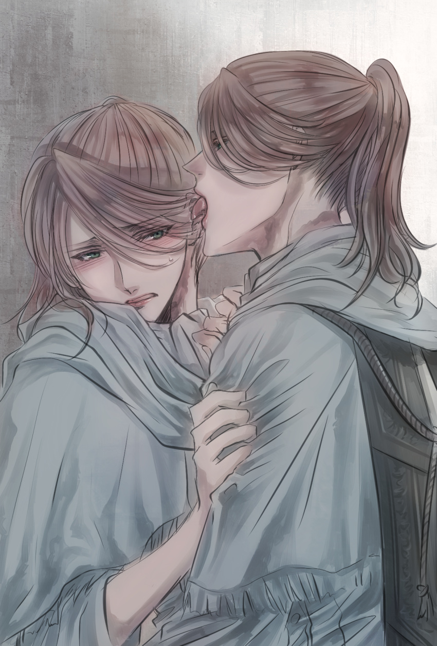 2girls bloodborne blush brown_hair commentary_request ear_licking eyebrows_visible_through_hair green_eyes highres iosefka itsuki_(itsukiovo) licking multiple_girls open_mouth parted_lips short_ponytail sweatdrop teeth tongue tongue_out yuri