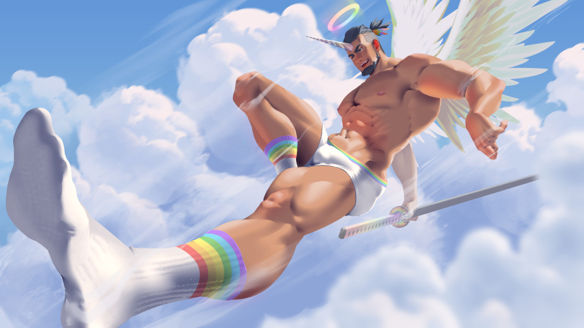 1boy abs absurdres bara beard briefs bulge cloud cloudy_sky dark-skinned_male dark_skin erection erection_under_clothes facial_hair feathered_wings flying foreshortening halo highres horns large_pectorals lgbt_pride male_focus male_underwear mature_male muscular muscular_male navel nipples original pectorals print_footwear print_male_underwear rainbow_gradient short_hair single_horn sky smile socks solo stomach thick_thighs thighs tied_hair undercut underwear underwear_only unicorn_boy white_male_underwear wings yanxijun
