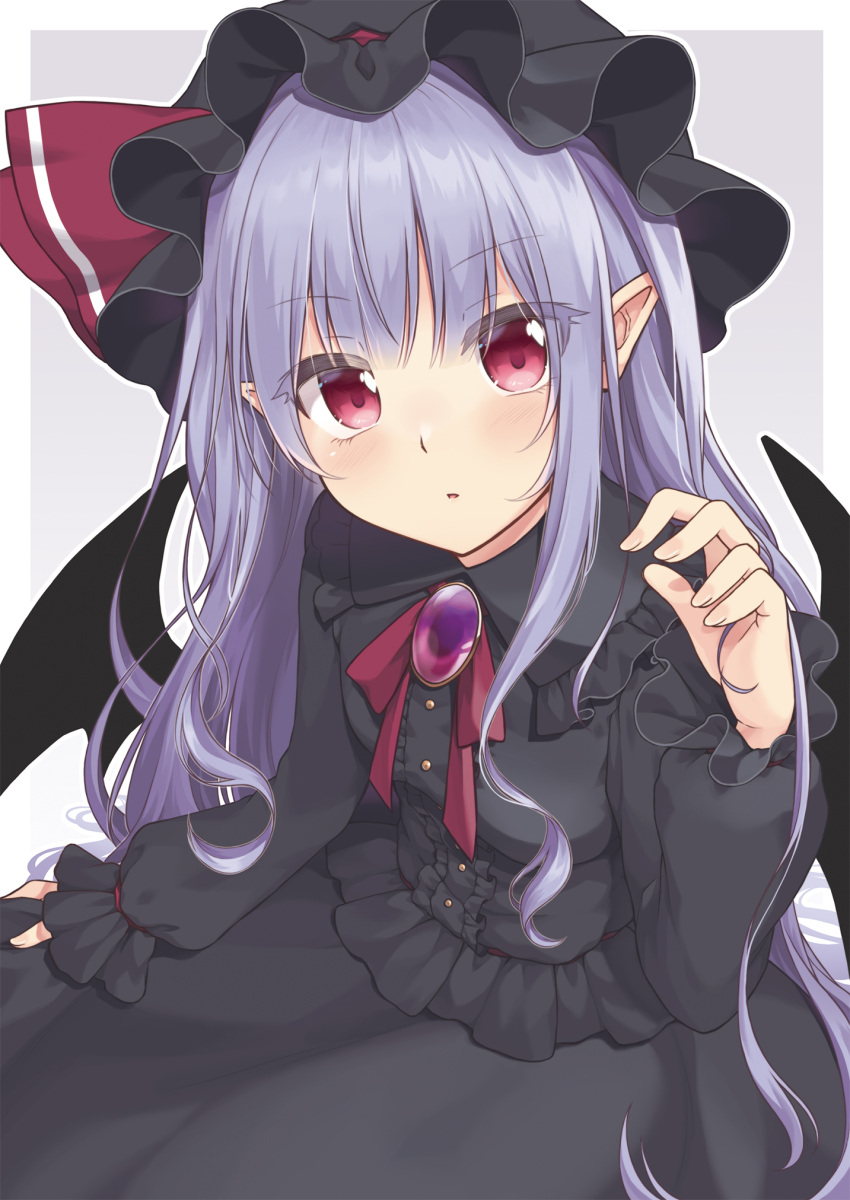 1girl :o alternate_color bat_wings beni_kurage black_dress blush breasts brooch dress from_above grey_background hat highres jewelry long_hair looking_at_viewer mob_cap parted_lips pointy_ears purple_eyes purple_hair remilia_scarlet simple_background small_breasts solo touhou very_long_hair wings