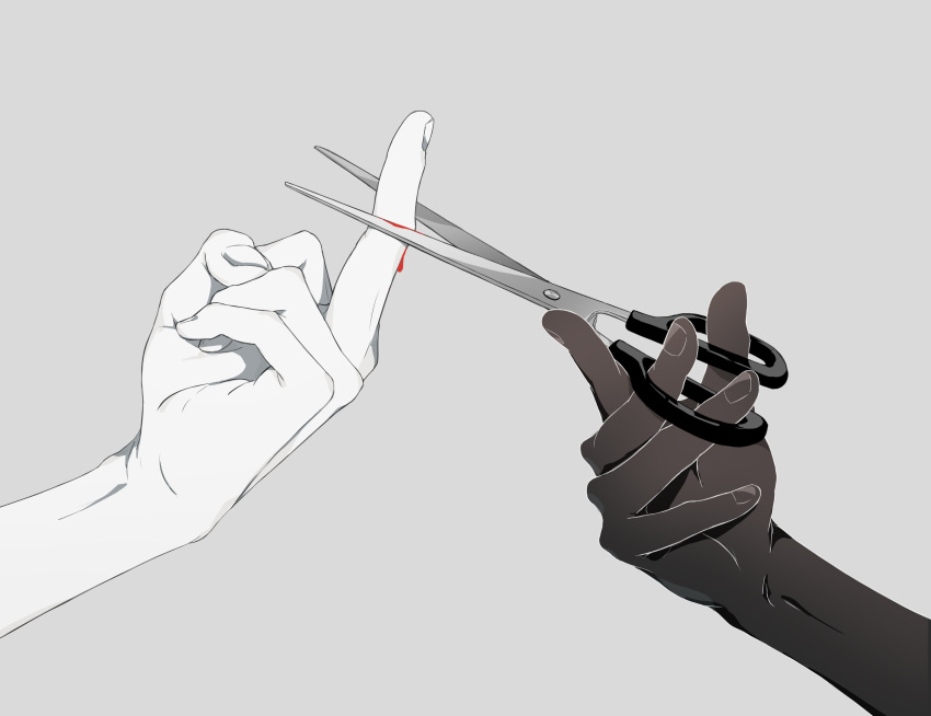 absurdres avogado6 black_nails black_skin bleeding blood blood_on_fingers bloody_hands colored_skin cutting fingernails grey_background hands highres holding holding_scissors middle_finger original out_of_frame scissors simple_background white_nails white_skin