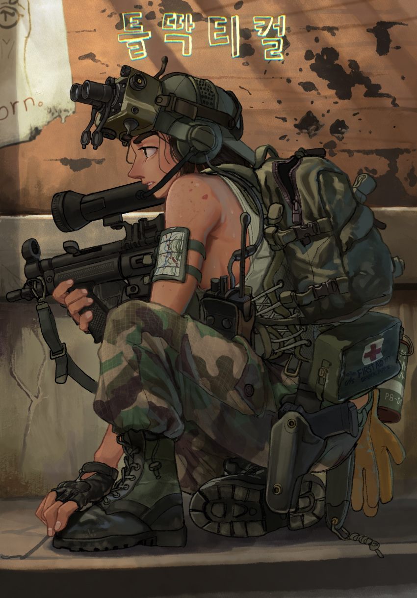 1girl backpack backwards_hat bag baseball_cap birthmark black_gloves black_hair boots breasts camouflage camouflage_pants check_translation combat_boots commentary_request fingerless_gloves fingernails first_aid_kit flashlight full_body gloves green_headwear green_pants gun h&amp;k_mp5 handgun hat head_mounted_display headset highres holding holding_gun holding_weapon holstered_weapon korean_commentary load_bearing_vest long_nose map medium_breasts military military_operator mixed-language_commentary nose original pants pistol republic_of_korea_army rifleman_(bjh8508) short_hair sideboob sleeveless soldier solo submachine_gun sweat tan tank_top thick_eyebrows translation_request walkie-talkie weapon woodland_camouflage