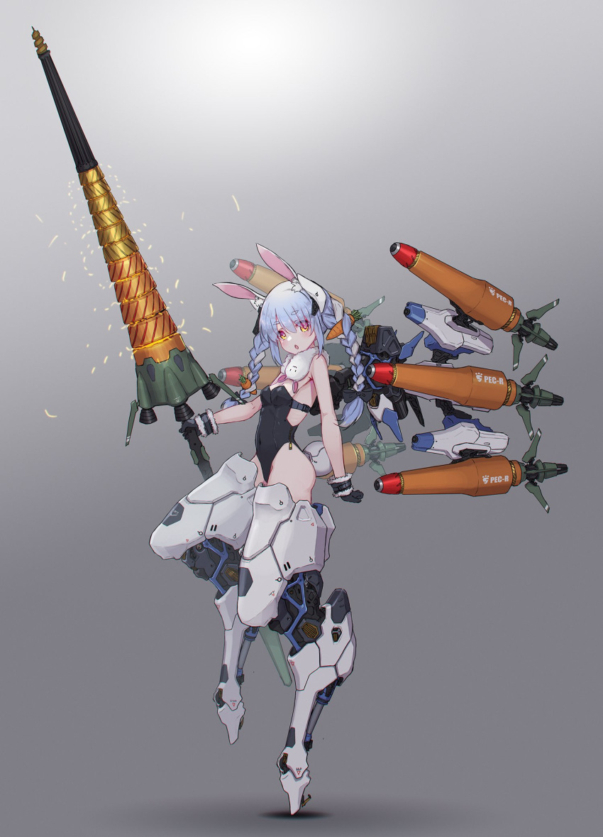 1girl :o animal_ear_fluff animal_ears bangs black_gloves blue_hair braid breasts bunny_ears cleavage commentary don-chan_(usada_pekora) eyebrows_visible_through_hair eyes_visible_through_hair from_side fur_trim gloves grey_background highres holding holding_lance holding_polearm holding_weapon hololive lance leotard looking_at_viewer mecha_musume missile oota_youjo orange_eyes playboy_bunny polearm simple_background small_breasts solo twin_braids twintails usada_pekora virtual_youtuber weapon