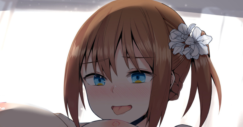 1girl anal azur_lane bangs blue_eyes blush breasts brown_hair cum cum_in_pussy dress eyebrows_visible_through_hair hair_ornament happy_sex implied_sex large_breasts nekokyun nipples open_mouth panties ponytail repulse_(azur_lane) reverse_cowgirl_position solo straddling thighhighs underwear wedding_dress white_legwear