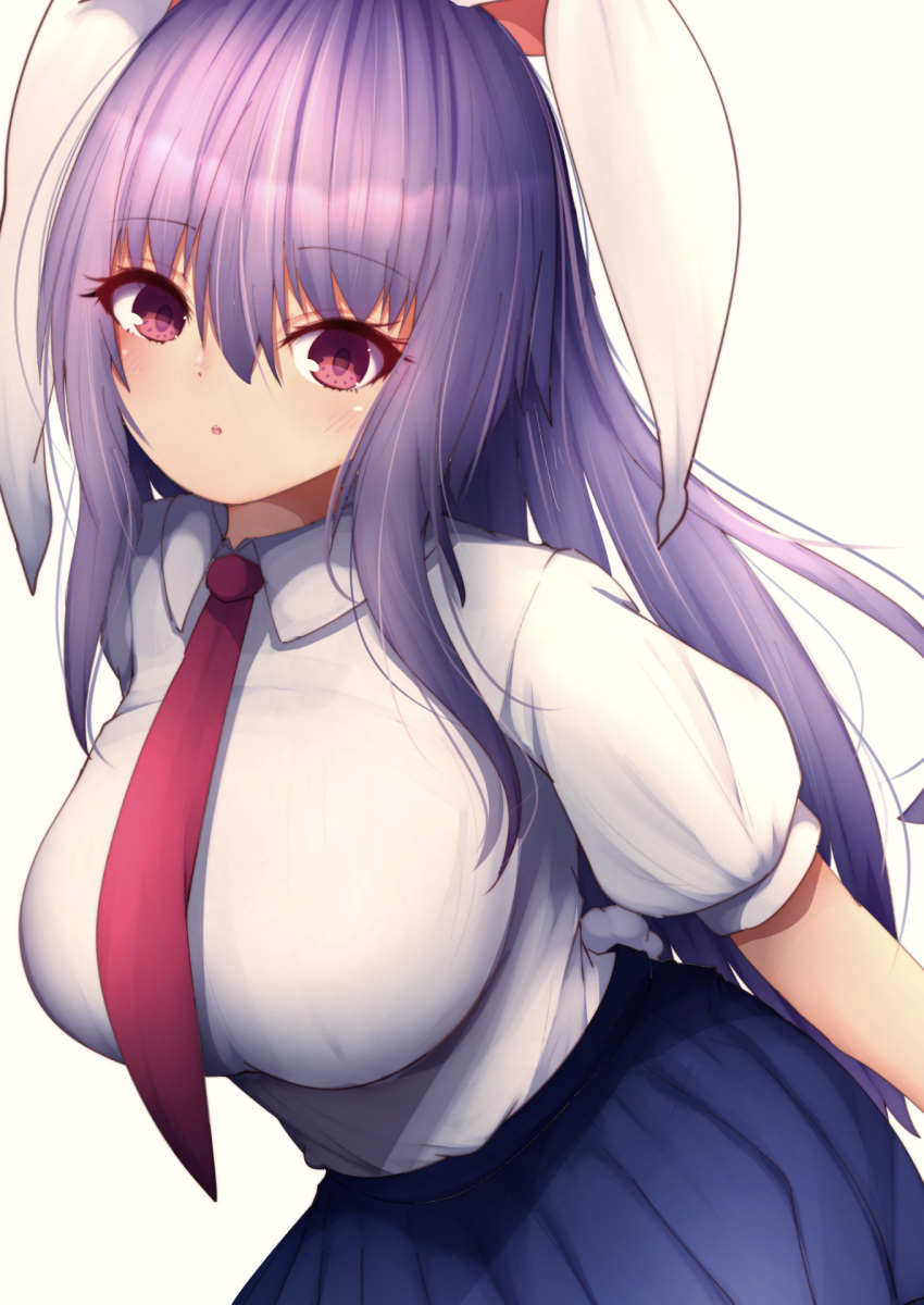 1girl animal_ears bangs blue_skirt breasts bunny_ears bunny_tail darumoon eyebrows_visible_through_hair eyes_visible_through_hair hair_between_eyes highres large_breasts long_hair looking_at_viewer necktie open_mouth pink_eyes purple_hair red_neckwear reisen_udongein_inaba shirt short_sleeves simple_background skirt solo tail touhou white_background white_shirt white_sleeves