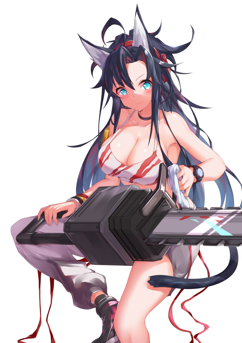1girl absurdres ahoge animal_ears aqua_eyes arknights bangs bare_arms bare_shoulders black_choker black_footwear black_hair blaze_(arknights) blaze_(burst_feline)_(arknights) blush breasts camisole cat_ears cat_tail chainsaw choker cleavage collarbone commentary crop_top hair_between_eyes highres large_breasts long_hair looking_at_viewer messy_hair shoes simple_background sitting smile solo spaghetti_strap tail thighs very_long_hair watch watchdog_rol_(y1104280730) white_background wristwatch