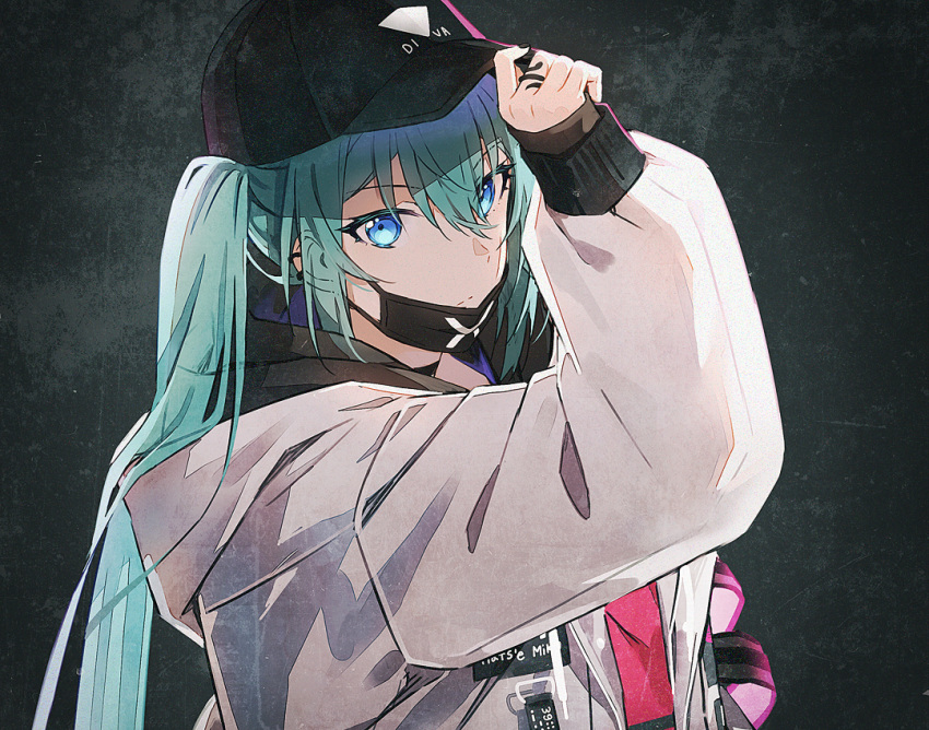 1girl arm_up baseball_cap black_headwear blue_eyes green_hair hakusai_(tiahszld) hand_on_headwear hat hatsune_miku hood hood_down hooded_jacket jacket long_hair long_sleeves mask mask_pull mouth_mask puffy_long_sleeves puffy_sleeves sleeves_past_fingers sleeves_past_wrists solo twintails upper_body vocaloid white_jacket