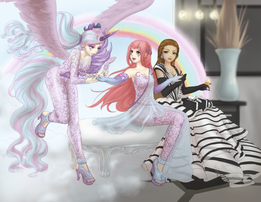 3girls :d alcohol barbie_(character) barbie_(franchise) bench blue_eyes blue_hair bodysuit brown_eyes brown_hair champagne cloud cup curly_hair dark-skinned_female dark_skin dress drinking_glass elbow_gloves facepaint facial_mark feathered_wings feathers floating floating_hair forayknightly formal gift gloves gown hair_slicked_back high_heels holding_hands legs_together miracle_nikki multicolored_hair multiple_girls nikki_(miracle_nikki) nikki_watkins_(barbie) open_mouth pegasus_wings pink_hair plant ponytail potted_plant purple_nails rainbow red_lips see-through sitting smile striped striped_dress tail two-tone_dress unicorn unicorn_girl vase wine_glass wings yellow_eyes