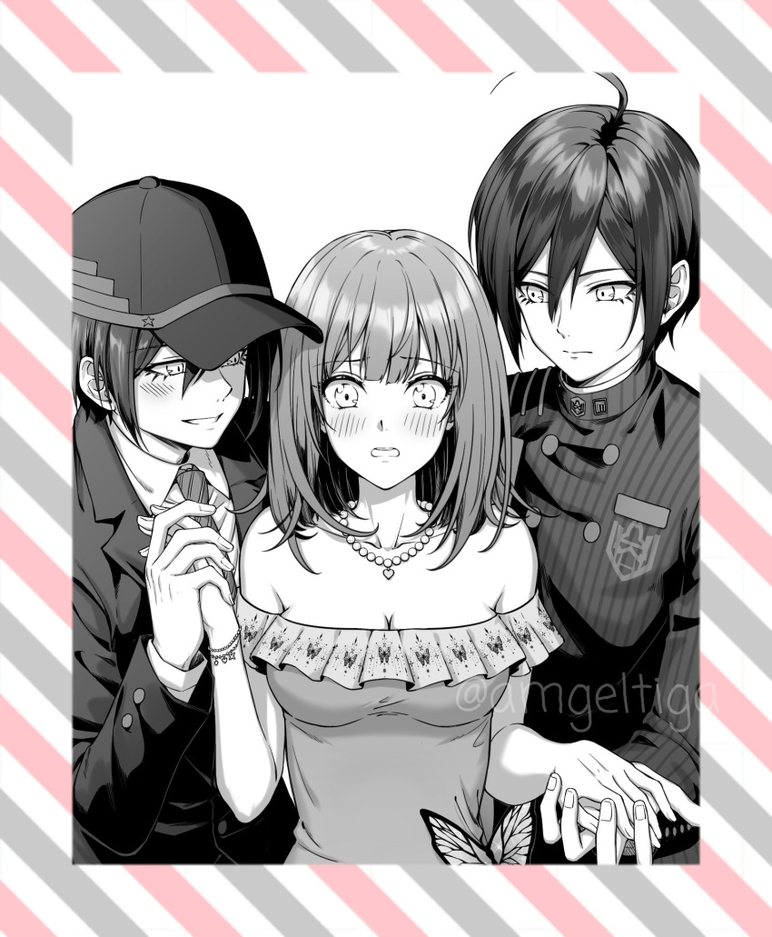 1girl 2boys ahoge bangs bare_shoulders blush breasts bug butterfly buttons cleavage collarbone collared_shirt commission danganronpa_(series) danganronpa_v3:_killing_harmony diagonal_stripes double-breasted dress dual_persona english_commentary greyscale hair_between_eyes hand_up hat highres holding_hand insect jacket jewelry large_breasts long_sleeves looking_at_another medium_hair monochrome multiple_boys necklace necktie official_alternate_costume original saihara_shuuichi saihara_witty_(wittyhu) second-party_source shiny shiny_hair shirt short_hair short_sleeves striped striped_jacket wittyhu_(amgeltiga)