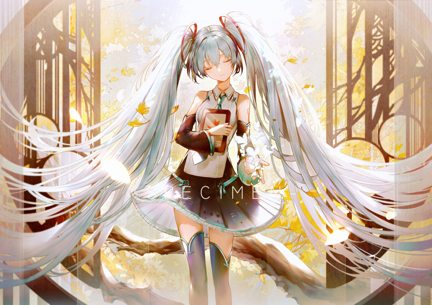 1girl absurdly_long_hair aqua_hair bai_qi-qsr bangs bare_shoulders black_legwear bug butterfly chinese_clothes chinese_commentary closed_eyes closed_mouth commentary_request detached_sleeves eyebrows_visible_through_hair facing_viewer falling_leaves gate hair_between_eyes hair_ornament hatsune_miku hatsune_miku_(vocaloid4)_(chinese) holding insect leaf long_hair long_sleeves maple_leaf necktie smile solo standing thighhighs twintails very_long_hair vocaloid yellow_leaves