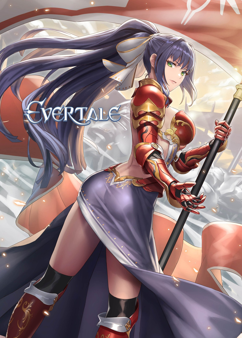 1girl armor armored_boots armored_dress bare_back black_legwear boots breasts cuboon evertale from_side green_eyes hair_intakes hair_ornament highres holding holding_weapon large_breasts long_hair looking_at_viewer ludmilla official_art ponytail purple_hair red_footwear thighhighs very_long_hair weapon