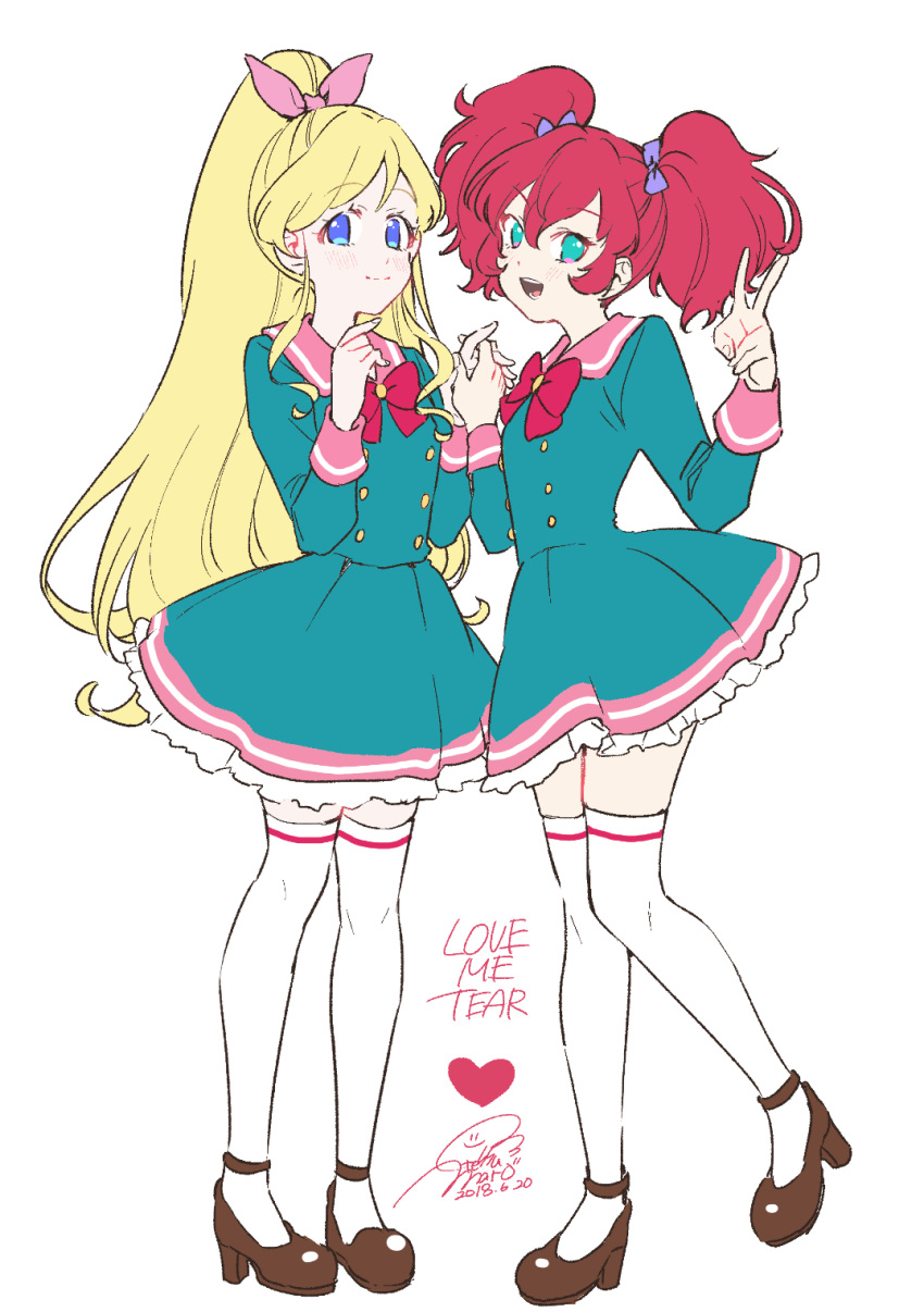 2girls :d aikatsu!_(series) aikatsu_friends! asuka_mirai_(aikatsu_friends!) big_hair blonde_hair blue_dress blue_eyes bow bowtie brown_footwear buttons closed_mouth commentary dated double-breasted dress english_commentary geshumaro green_eyes hair_bow heart highres holding_hands interlocked_fingers kamishiro_karen long_hair long_sleeves looking_at_viewer medium_hair multiple_girls open_mouth pink_bow pink_sailor_collar ponytail purple_bow red_bow red_hair red_neckwear sailor_collar sailor_dress shoes signature simple_background smile standing standing_on_one_leg thighhighs twintails very_long_hair white_background white_legwear