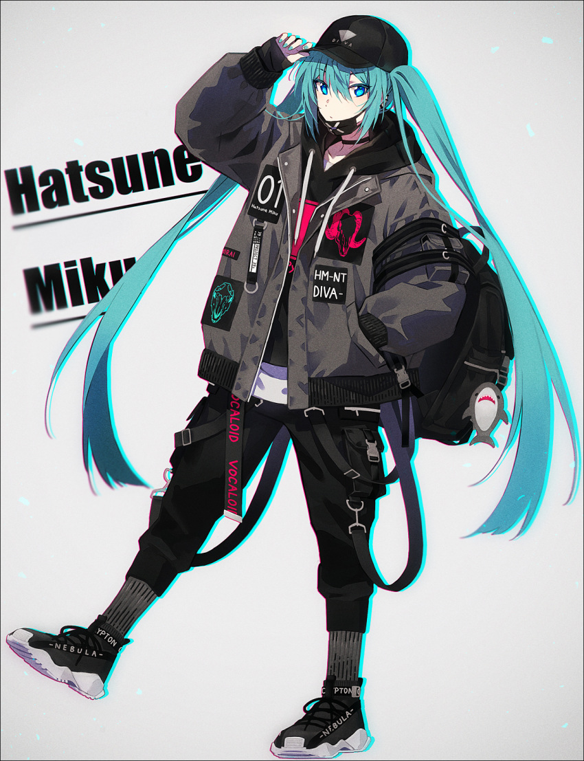 1girl arm_up bangs baseball_cap black_footwear black_headwear black_hoodie black_pants blue_eyes blue_hair blue_nails character_name closed_mouth drawstring eyebrows_visible_through_hair full_body grey_background grey_jacket grey_legwear hair_between_eyes hakusai_(tiahszld) hand_in_pocket hand_on_headwear hat hatsune_miku highres hood hood_down hoodie jacket long_hair long_sleeves mask mask_pull mouth_mask nail_polish open_clothes open_jacket pants puffy_long_sleeves puffy_sleeves shark shoes sleeves_past_wrists socks solo standing standing_on_one_leg twintails very_long_hair vocaloid