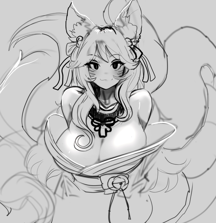 1girl absurdres ahri animal_ear_fluff animal_ears bare_shoulders bell blush bow breasts closed_mouth ehrrr fox_ears fox_tail greyscale hair_bell hair_bow hair_ornament highres large_breasts league_of_legends long_hair looking_at_viewer monochrome multiple_tails smile spirit_blossom_ahri tail work_in_progress