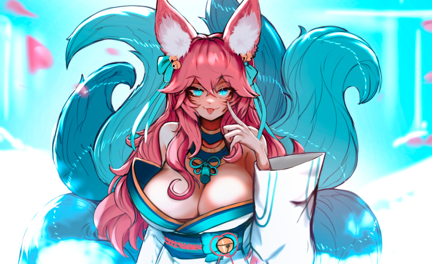 1girl ahri akanbe animal_ear_fluff animal_ears bare_shoulders bell blue_eyes blue_tail bow breasts cleavage detached_sleeves ehrrr eyebrows_visible_through_hair facial_mark fox_ears fox_girl fox_tail hair_bell hair_bow hair_ornament hand_up highres japanese_clothes league_of_legends long_hair looking_at_viewer multiple_tails petals pink_hair solo spirit_blossom_ahri standing tail tongue tongue_out upper_body whisker_markings