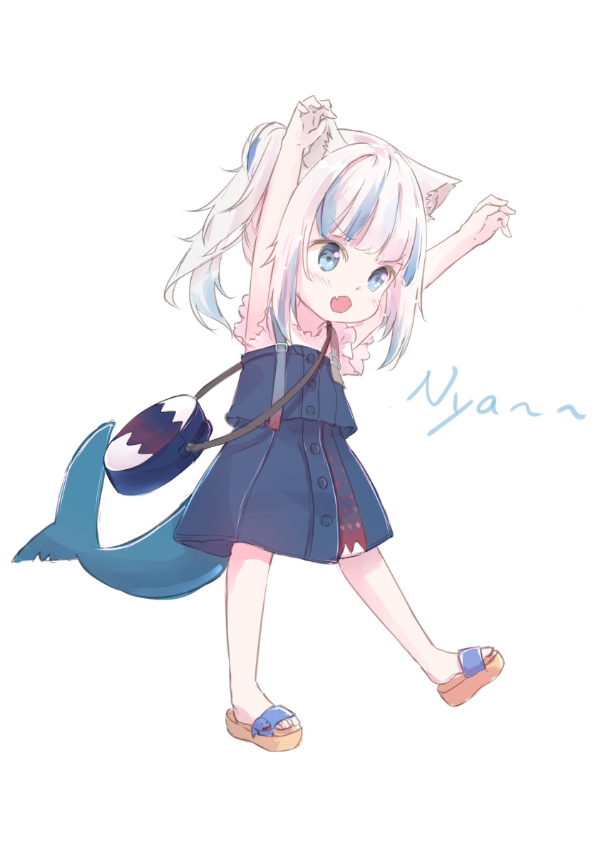 1girl absurdres animal_ear_fluff animal_ears arms_up bag bangs blue_dress blue_eyes blue_hair blush brown_footwear cat_ears dress eyebrows_visible_through_hair fang fish_tail full_body gawr_gura highres hololive hololive_english multicolored_hair open_mouth peas_(peas0125) romaji_text sandals shark_tail shirt shoulder_bag simple_background sleeveless sleeveless_dress solo standing standing_on_one_leg streaked_hair tail v-shaped_eyebrows virtual_youtuber white_background white_hair white_shirt
